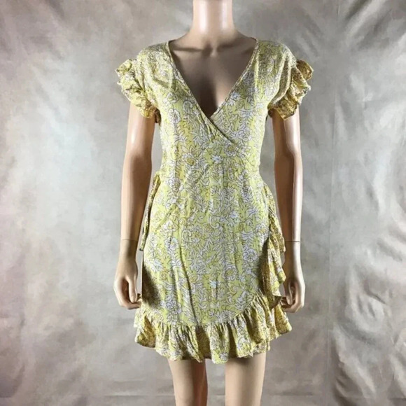BILLABONG Yellow Floral Ruffled Wrap Dress SMALL - Picture 3 of 10